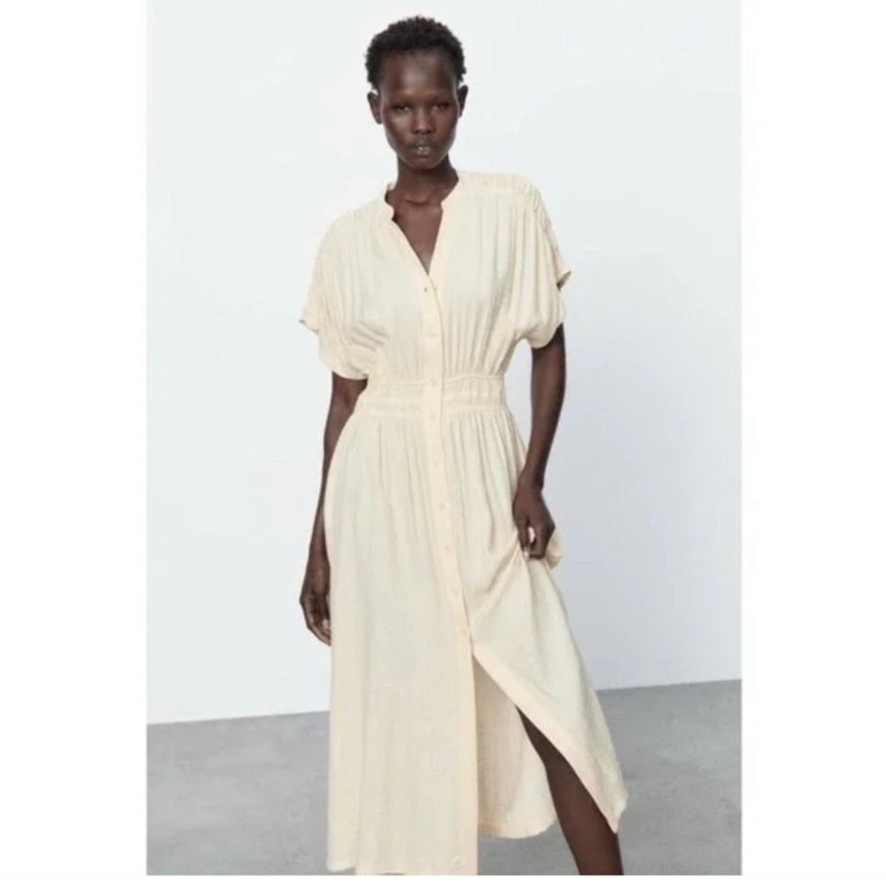 Zara Crinkle Ecru Wrinkle Look Rustic Dress XS